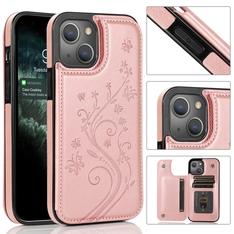 Butterflies Flowers Double Buckle PU + TPU Protective Case with Holder & Card Slots & Photo Frame, For iPhone 13 mini, For iPhone 13, For iPhone 13 Pro, For iPhone 13 Pro Max