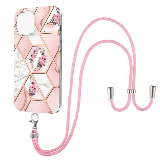 Electroplating Splicing Marble Flower Pattern TPU Shockproof Case with Lanyard, For iPhone 13 mini, For iPhone 13, For iPhone 13 Pro, For iPhone 13 Pro Max, For iPhone 12 mini, For iPhone 12 / 12 Pro, For iPhone 12 Pro Max, For iPhone 11               ...