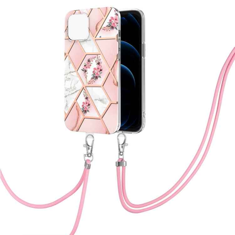 Electroplating Splicing Marble Flower Pattern TPU Shockproof Case with Lanyard, For iPhone 13 mini, For iPhone 13, For iPhone 13 Pro, For iPhone 13 Pro Max, For iPhone 12 mini, For iPhone 12 / 12 Pro, For iPhone 12 Pro Max, For iPhone 11               ...