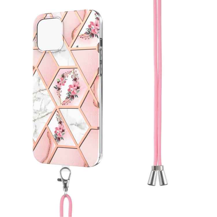 Electroplating Splicing Marble Flower Pattern TPU Shockproof Case with Lanyard, For iPhone 13 mini, For iPhone 13, For iPhone 13 Pro, For iPhone 13 Pro Max, For iPhone 12 mini, For iPhone 12 / 12 Pro, For iPhone 12 Pro Max, For iPhone 11               ...