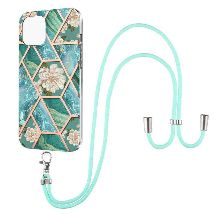 Electroplating Splicing Marble Flower Pattern TPU Shockproof Case with Lanyard, For iPhone 13 mini, For iPhone 13, For iPhone 13 Pro, For iPhone 13 Pro Max, For iPhone 12 mini, For iPhone 12 / 12 Pro, For iPhone 12 Pro Max, For iPhone 11               ...