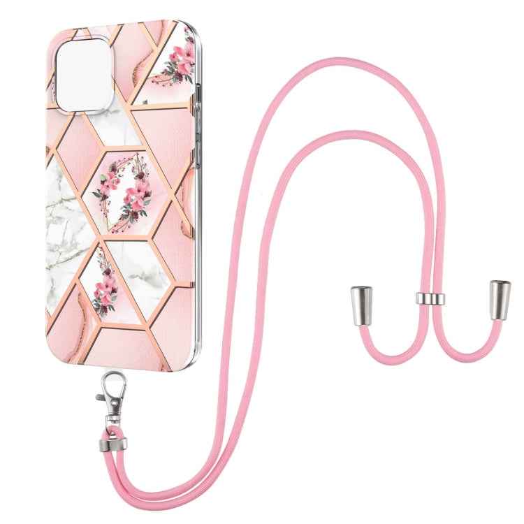 Electroplating Splicing Marble Flower Pattern TPU Shockproof Case with Lanyard, For iPhone 13 mini, For iPhone 13, For iPhone 13 Pro, For iPhone 13 Pro Max, For iPhone 12 mini, For iPhone 12 / 12 Pro, For iPhone 12 Pro Max, For iPhone 11               ...