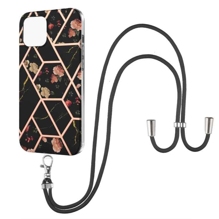 Electroplating Splicing Marble Flower Pattern TPU Shockproof Case with Lanyard, For iPhone 13 mini, For iPhone 13, For iPhone 13 Pro, For iPhone 13 Pro Max, For iPhone 12 mini, For iPhone 12 / 12 Pro, For iPhone 12 Pro Max, For iPhone 11               ...