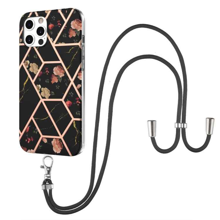 Electroplating Splicing Marble Flower Pattern TPU Shockproof Case with Lanyard, For iPhone 13 mini, For iPhone 13, For iPhone 13 Pro, For iPhone 13 Pro Max, For iPhone 12 mini, For iPhone 12 / 12 Pro, For iPhone 12 Pro Max, For iPhone 11               ...