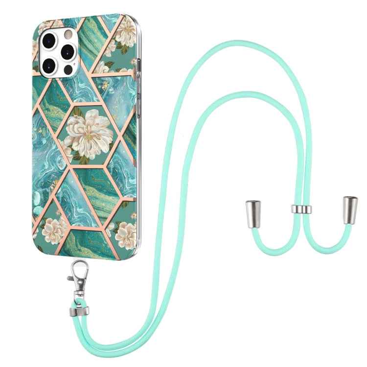 Electroplating Splicing Marble Flower Pattern TPU Shockproof Case with Lanyard, For iPhone 13 mini, For iPhone 13, For iPhone 13 Pro, For iPhone 13 Pro Max, For iPhone 12 mini, For iPhone 12 / 12 Pro, For iPhone 12 Pro Max, For iPhone 11               ...