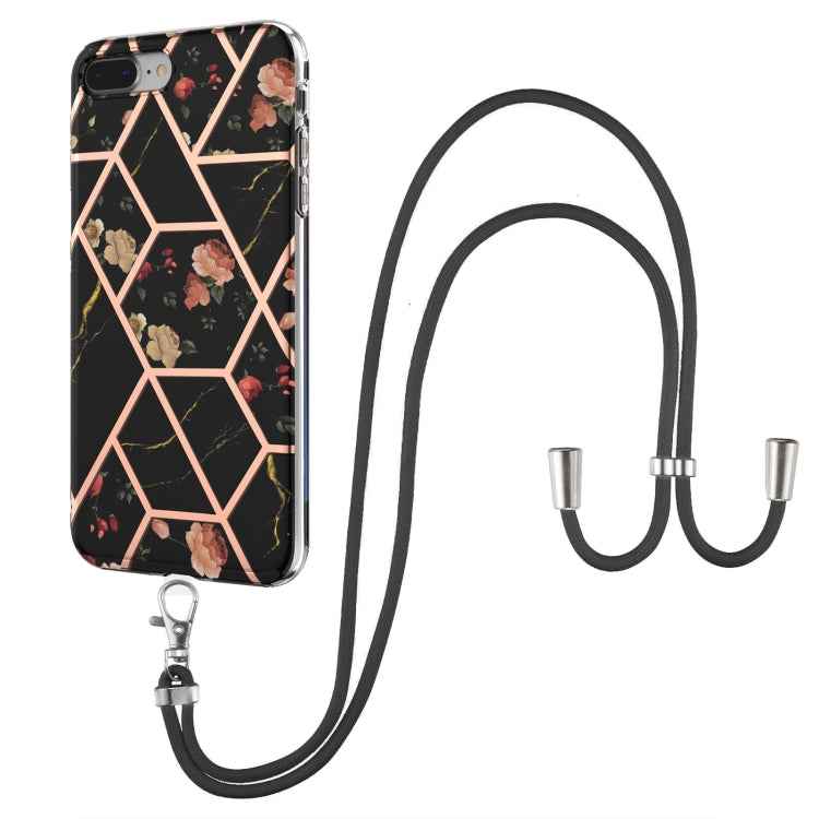 Electroplating Splicing Marble Flower Pattern TPU Shockproof Case with Lanyard, For iPhone XS Max, For iPhone 8 Plus / 7 Plus, For iPhone SE 2022 / SE 2020 / 8 / 7