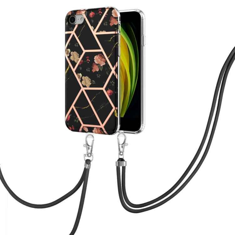 Electroplating Splicing Marble Flower Pattern TPU Shockproof Case with Lanyard, For iPhone XS Max, For iPhone 8 Plus / 7 Plus, For iPhone SE 2022 / SE 2020 / 8 / 7