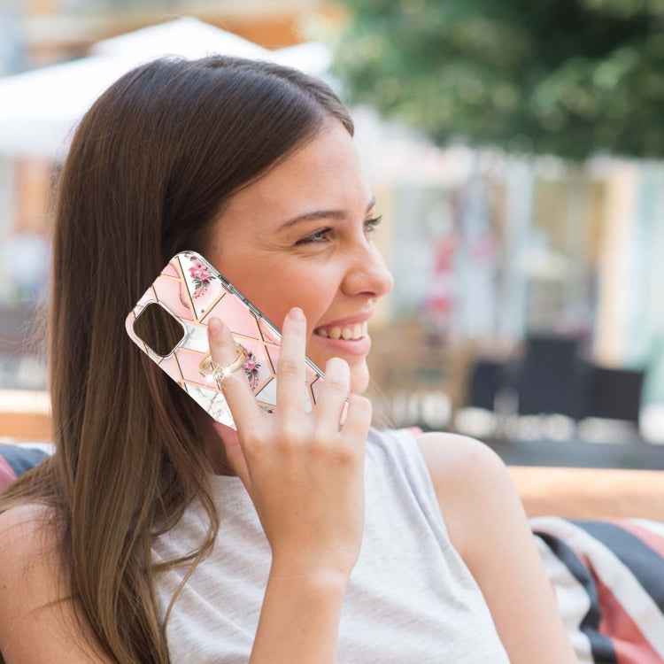 Electroplating Splicing Marble Flower Pattern TPU Shockproof Case with Rhinestone Ring Holder, For iPhone 13 mini, For iPhone 13, For iPhone 13 Pro, For iPhone 13 Pro Max, For iPhone 12 mini, For iPhone 12 / 12 Pro, For iPhone 12 Pro Max, For iPhone 11...