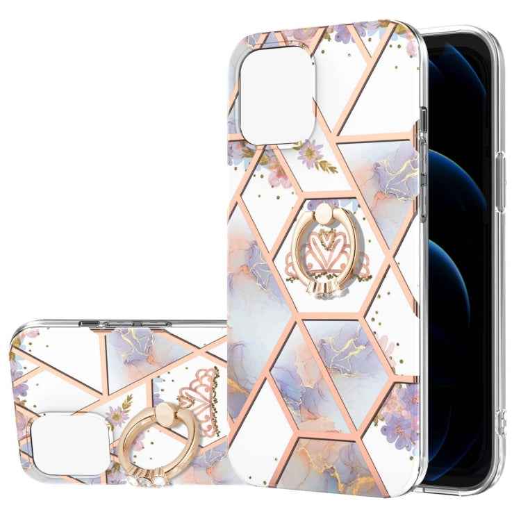 Electroplating Splicing Marble Flower Pattern TPU Shockproof Case with Rhinestone Ring Holder, For iPhone 13 mini, For iPhone 13, For iPhone 13 Pro, For iPhone 13 Pro Max, For iPhone 12 mini, For iPhone 12 / 12 Pro, For iPhone 12 Pro Max, For iPhone 11...