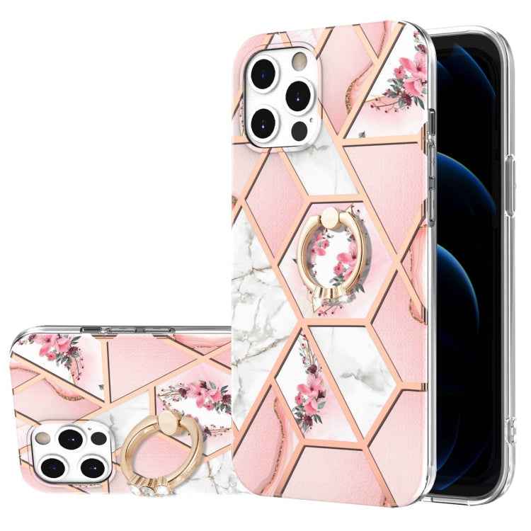Electroplating Splicing Marble Flower Pattern TPU Shockproof Case with Rhinestone Ring Holder, For iPhone 13 mini, For iPhone 13, For iPhone 13 Pro, For iPhone 13 Pro Max, For iPhone 12 mini, For iPhone 12 / 12 Pro, For iPhone 12 Pro Max, For iPhone 11...