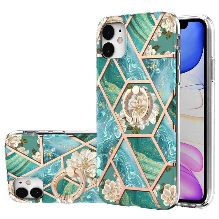 Electroplating Splicing Marble Flower Pattern TPU Shockproof Case with Rhinestone Ring Holder, For iPhone 13 mini, For iPhone 13, For iPhone 13 Pro, For iPhone 13 Pro Max, For iPhone 12 mini, For iPhone 12 / 12 Pro, For iPhone 12 Pro Max, For iPhone 11...