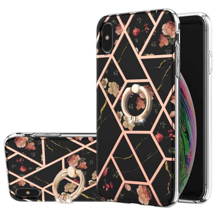 Electroplating Splicing Marble Flower Pattern TPU Shockproof Case with Rhinestone Ring Holder, For iPhone XS Max, For iPhone SE 2022 / SE 2020 / 7 / 8, For iPhone 7 Plus / 8 Plus