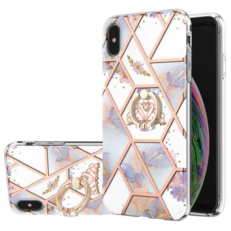 Electroplating Splicing Marble Flower Pattern TPU Shockproof Case with Rhinestone Ring Holder, For iPhone XS Max, For iPhone SE 2022 / SE 2020 / 7 / 8, For iPhone 7 Plus / 8 Plus