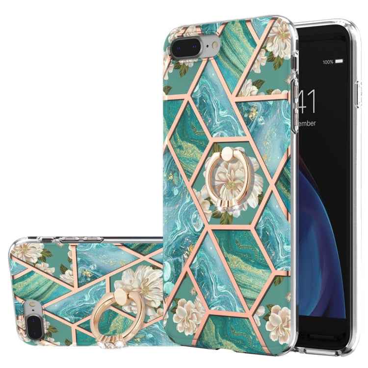 Electroplating Splicing Marble Flower Pattern TPU Shockproof Case with Rhinestone Ring Holder, For iPhone XS Max, For iPhone SE 2022 / SE 2020 / 7 / 8, For iPhone 7 Plus / 8 Plus