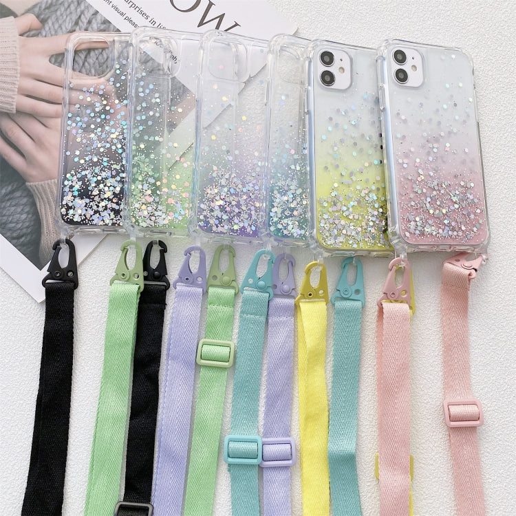 Gradient Glitter Powder Epoxy TPU Thickened Acrylic Shockproof Case with Wide Neck Lanyard, For iPhone 13, For iPhone 13 Pro, For iPhone 13 Pro Max, For iPhone 12 / 12 Pro, For iPhone 12 Pro Max, For iPhone 11, For iPhone 11 Pro, For iPhone 11 Pro Max