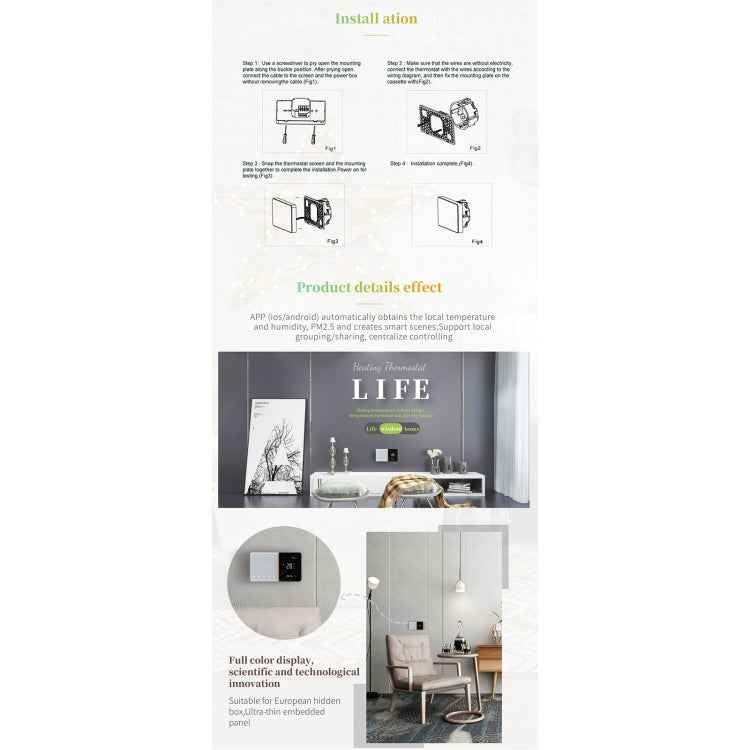 BHT-005-GC 220V AC 3A Smart Home Heating Thermostat for EU Box, Control Boiler Heating with Only Internal Sensor