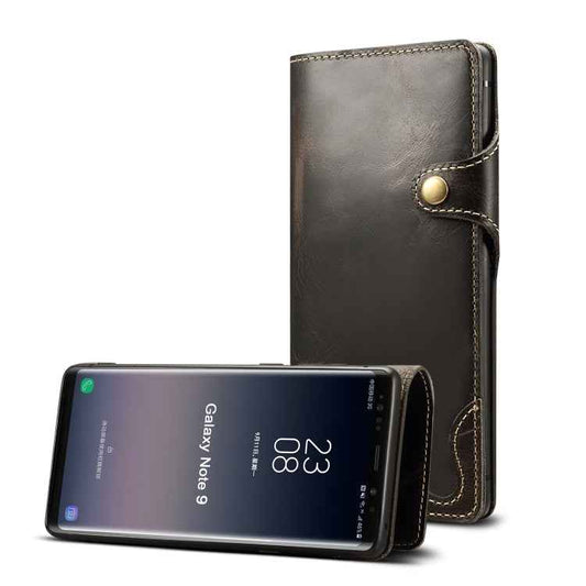 Denior Oil Wax Cowhide Magnetic Button Horizontal Flip Leather Case with Card Slots & Wallet