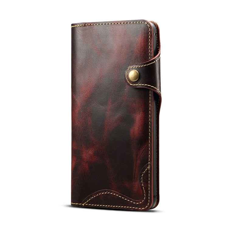 Denior Oil Wax Cowhide Magnetic Button Horizontal Flip Leather Case with Card Slots & Wallet