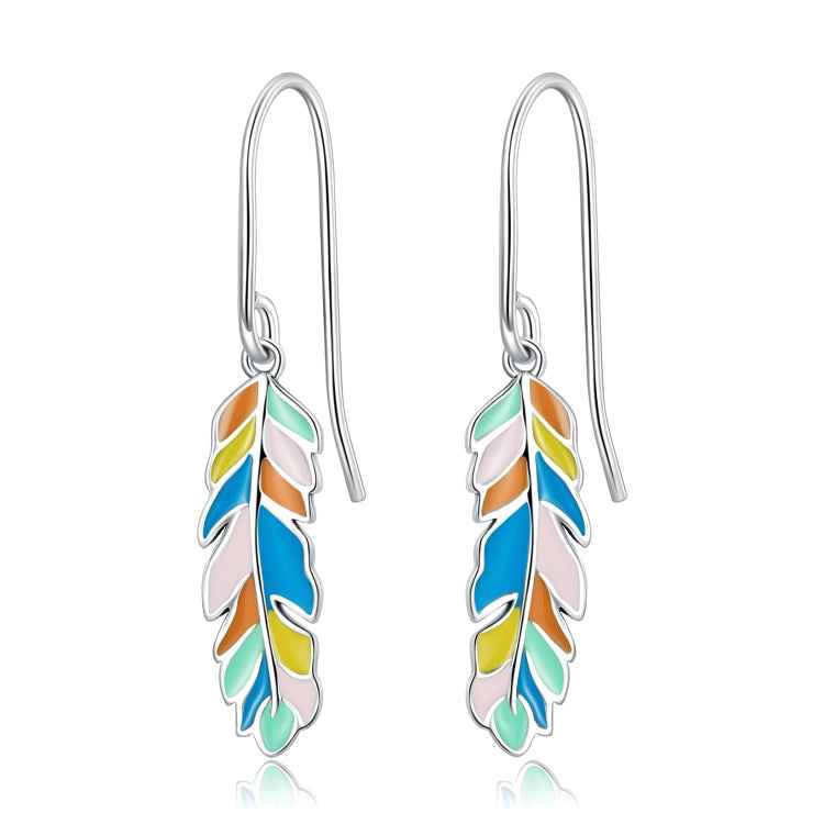 S925 Sterling Silver Colorful Feather Ear Hook Women Earrings