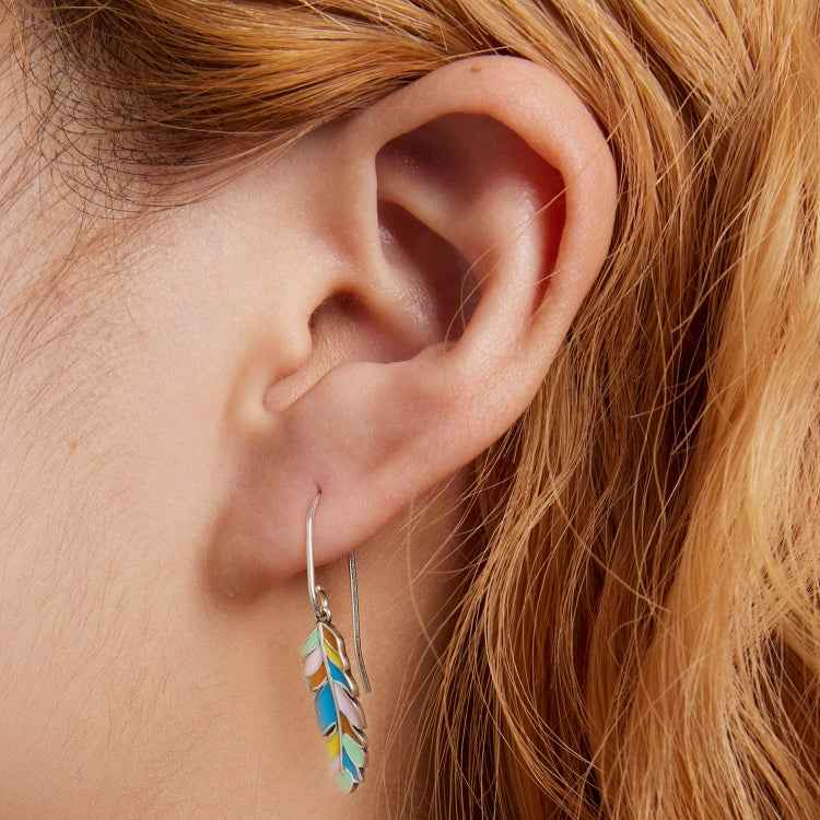 S925 Sterling Silver Colorful Feather Ear Hook Women Earrings
