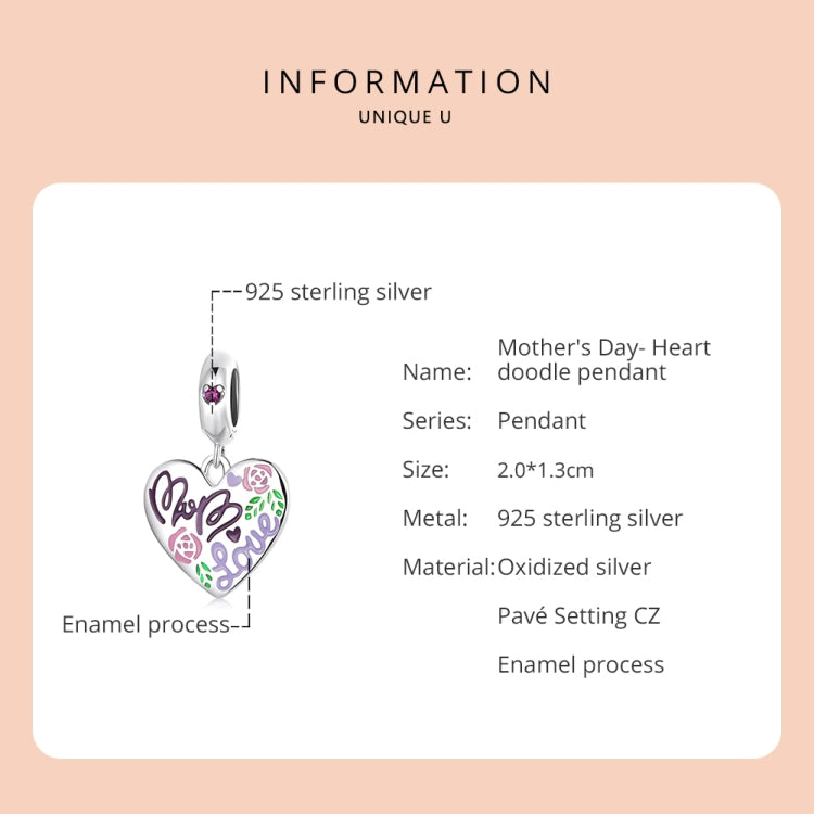S925 Sterling Silver Silver Colorful Doodle Heart Pendant DIY Bracelet Necklace Accessories, Colorful Doodle Heart