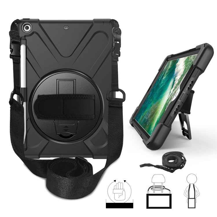 For iPad 9.7 (2018) & (2017) 360 Degree Rotation Silicone Protective Cover with Holder & Hand Strap & Long Strap & Pencil Slot
