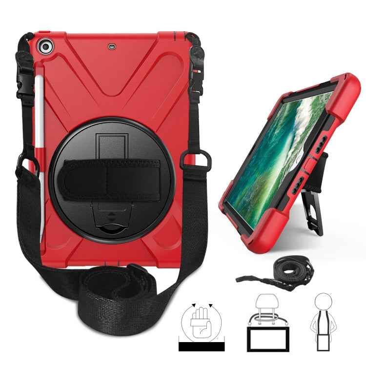 For iPad 9.7 (2018) & (2017) 360 Degree Rotation Silicone Protective Cover with Holder & Hand Strap & Long Strap & Pencil Slot