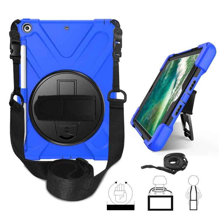 For iPad 9.7 (2018) & (2017) 360 Degree Rotation Silicone Protective Cover with Holder & Hand Strap & Long Strap & Pencil Slot