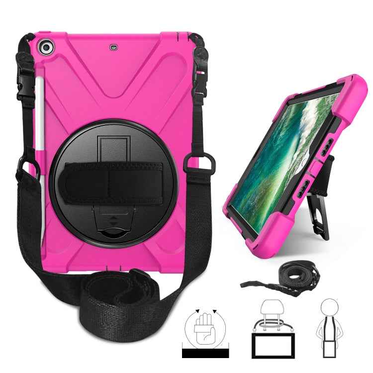 For iPad 9.7 (2018) & (2017) 360 Degree Rotation Silicone Protective Cover with Holder & Hand Strap & Long Strap & Pencil Slot