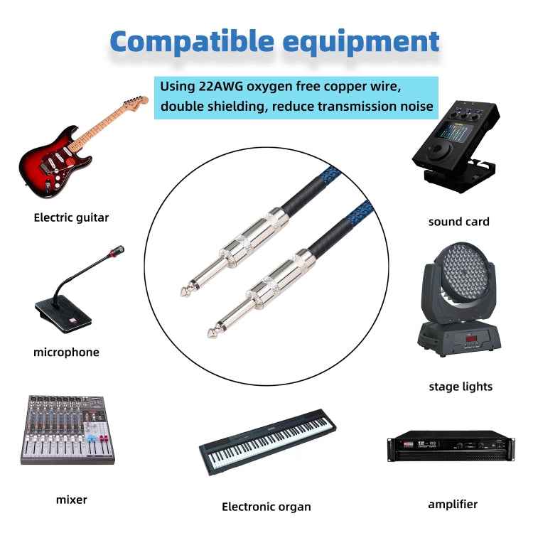 TC048BL 6.35mm Plug Male to Male Electric Guitar Mono Audio Cable, 1.8m, 3m, 5m, 10m