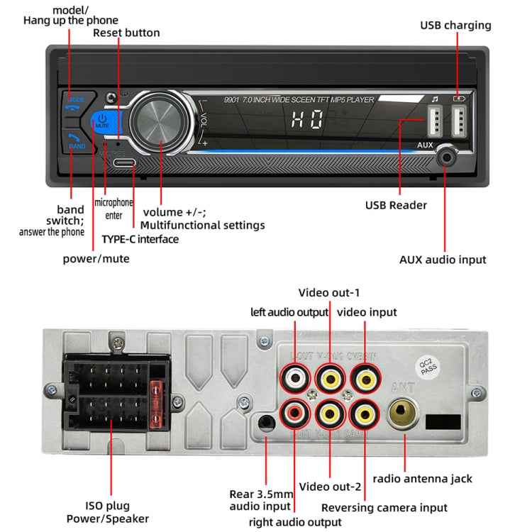 9901 7 inch Car  Retractable MP5 Player Supports FM & Mobile Phone Internet