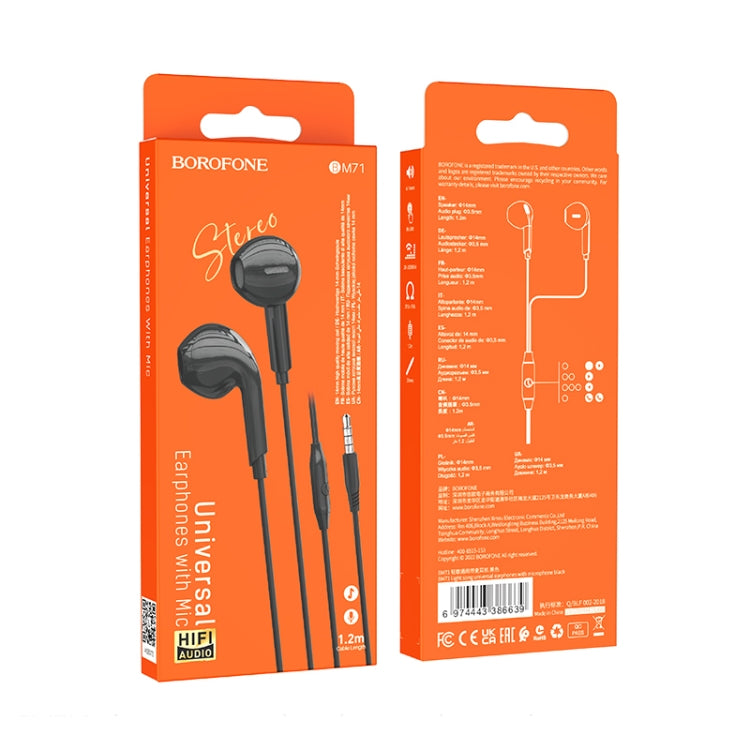 Borofone BM71 1.2m Light Song Universal 3.5mm Wired Earphones with Mic, 3.5mm