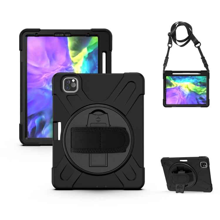 For iPad Pro 12.9 (2020) 360 Degree Rotation Silicone Protective Cover with Holder & Hand Strap & Long Strap & Pencil Slot