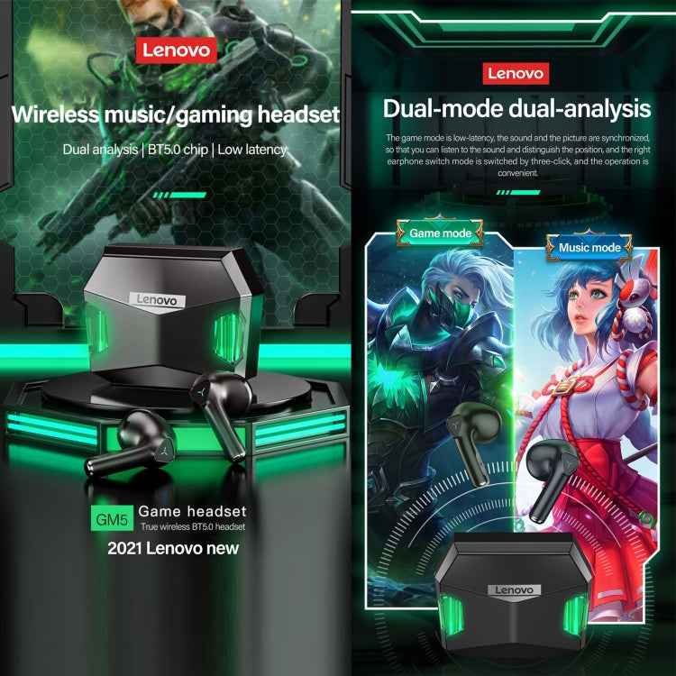 Lenovo GM5 TWS Bluetooth Wireless Sports Waterproof Noise Reduction Gaming Earphone with Mic
