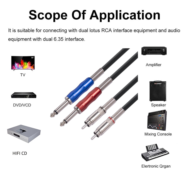 3051K63 Dual RCA Male to Dual 6.35mm 1/4 inch Male Mixer Audio Cable, 1m, 2m, 3m
