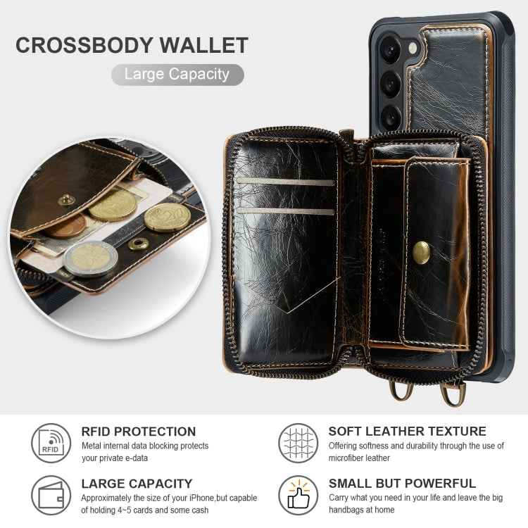 For Samsung Galaxy S23 5G JEEHOOD C22 Series Zipper Wallet Leather Phone Case with Dual Lanyard