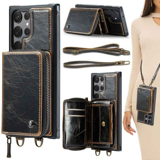 For Samsung Galaxy S23 Ultra 5G JEEHOOD C22 Series Zipper Wallet Leather Phone Case with Dual Lanyard