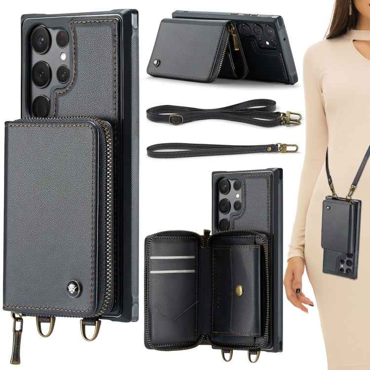 For Samsung Galaxy S23 Ultra 5G JEEHOOD C22 Series Zipper Wallet Leather Phone Case with Dual Lanyard