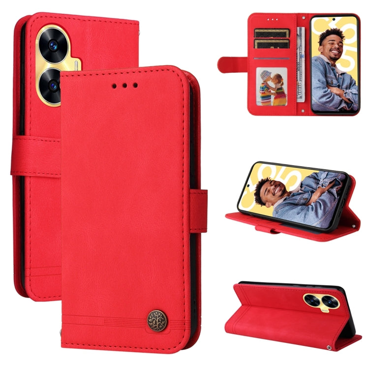 Skin Feel Life Tree Metal Button Leather Phone Case