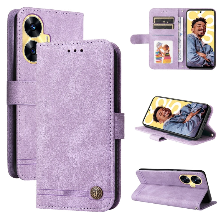 Skin Feel Life Tree Metal Button Leather Phone Case