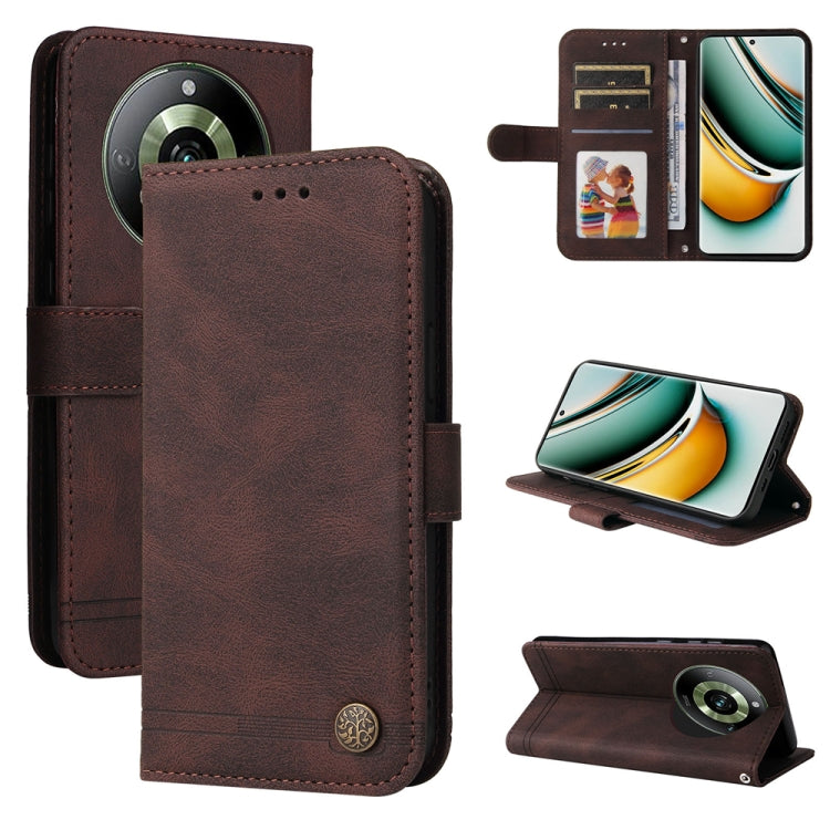 Skin Feel Life Tree Metal Button Leather Phone Case