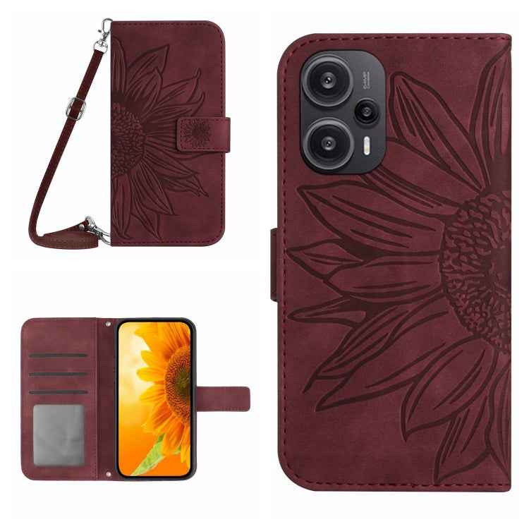 Skin Feel Sun Flower Embossed Flip Leather Phone Case with Lanyard, For Xiaomi Redmi 12 5G, For Xiaomi 13T / 13T Pro, For Xiaomi Redmi 12 4G Global, For Xiaomi Poco F5