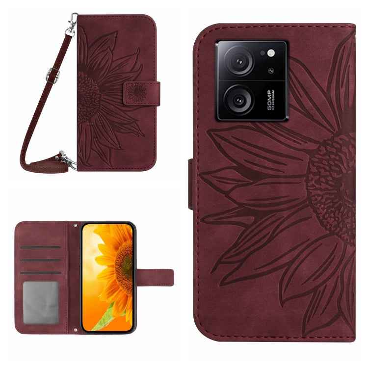 Skin Feel Sun Flower Embossed Flip Leather Phone Case with Lanyard, For Xiaomi Redmi 12 5G, For Xiaomi 13T / 13T Pro, For Xiaomi Redmi 12 4G Global, For Xiaomi Poco F5