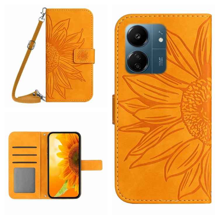 Skin Feel Sun Flower Embossed Flip Leather Phone Case with Lanyard, For Xiaomi 14 Ultra, For Xiaomi 14 Pro, For Xiaomi 14, For Xiaomi Redmi 13C 4G