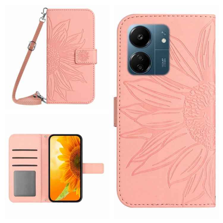 Skin Feel Sun Flower Embossed Flip Leather Phone Case with Lanyard, For Xiaomi 14 Ultra, For Xiaomi 14 Pro, For Xiaomi 14, For Xiaomi Redmi 13C 4G