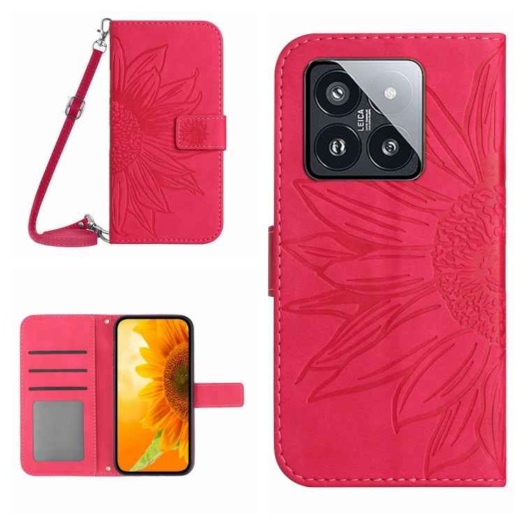 Skin Feel Sun Flower Embossed Flip Leather Phone Case with Lanyard, For Xiaomi 14 Ultra, For Xiaomi 14 Pro, For Xiaomi 14, For Xiaomi Redmi 13C 4G