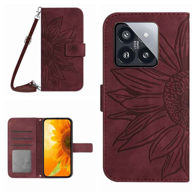 Skin Feel Sun Flower Embossed Flip Leather Phone Case with Lanyard, For Xiaomi 14 Ultra, For Xiaomi 14 Pro, For Xiaomi 14, For Xiaomi Redmi 13C 4G
