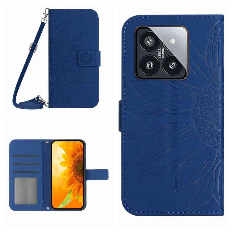 Skin Feel Sun Flower Embossed Flip Leather Phone Case with Lanyard, For Xiaomi 14 Ultra, For Xiaomi 14 Pro, For Xiaomi 14, For Xiaomi Redmi 13C 4G