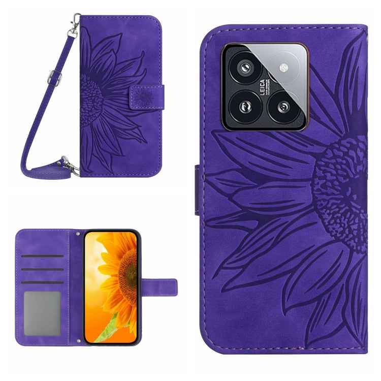 Skin Feel Sun Flower Embossed Flip Leather Phone Case with Lanyard, For Xiaomi 14 Ultra, For Xiaomi 14 Pro, For Xiaomi 14, For Xiaomi Redmi 13C 4G