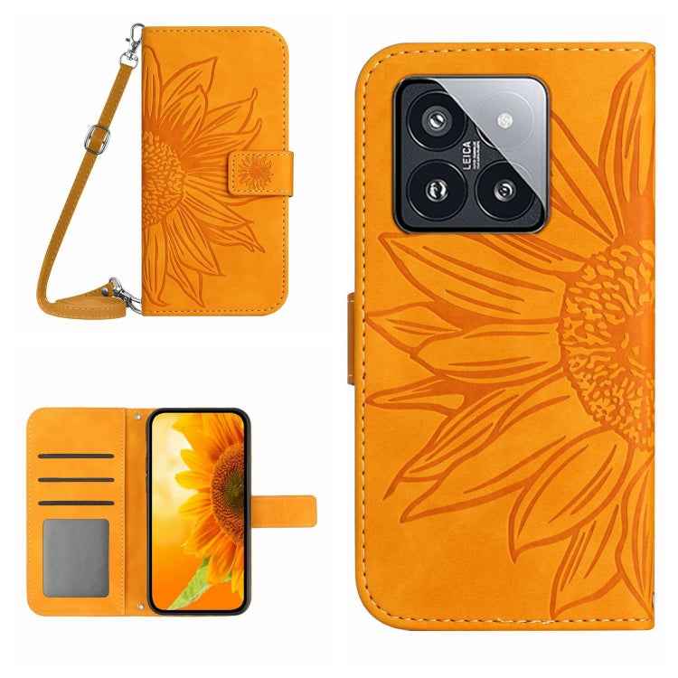 Skin Feel Sun Flower Embossed Flip Leather Phone Case with Lanyard, For Xiaomi 14 Ultra, For Xiaomi 14 Pro, For Xiaomi 14, For Xiaomi Redmi 13C 4G